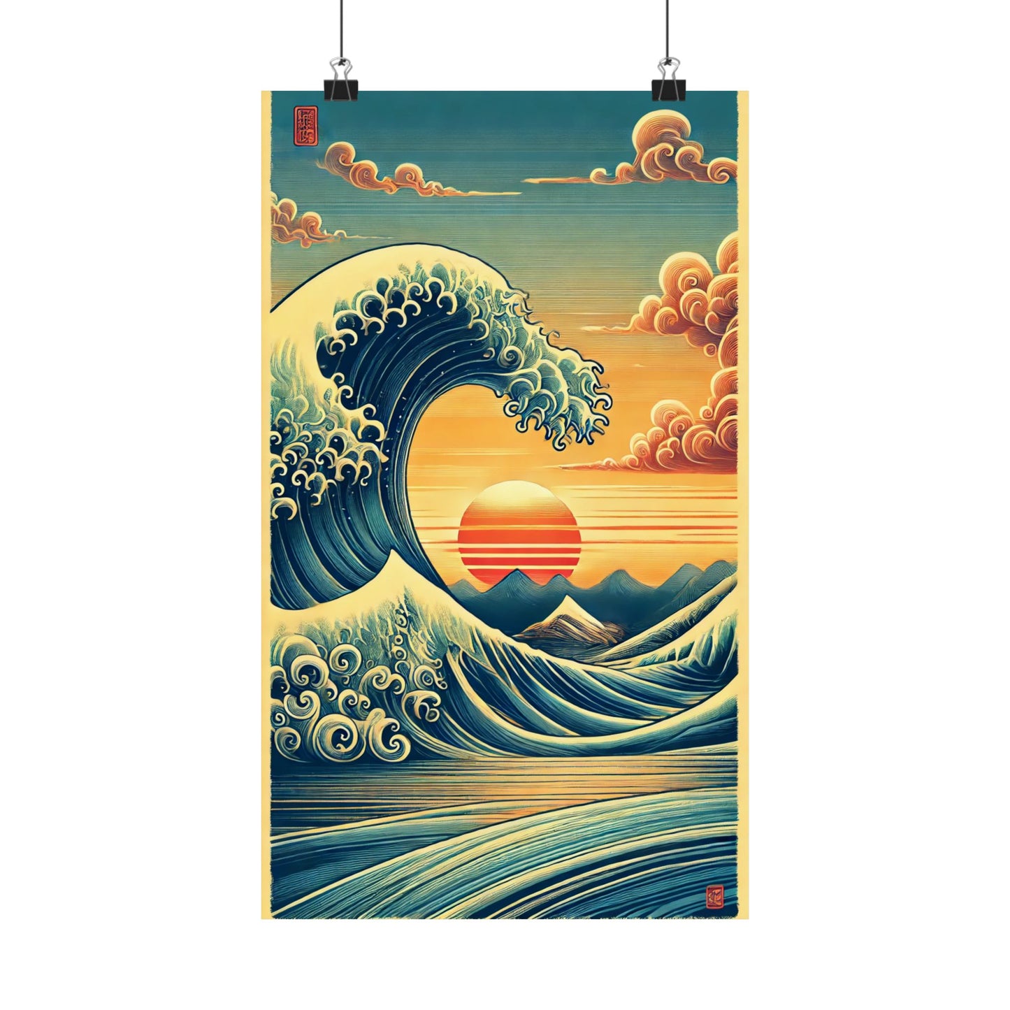 Elegant Japanese Wave Wall Poster with Sunset and Mountains