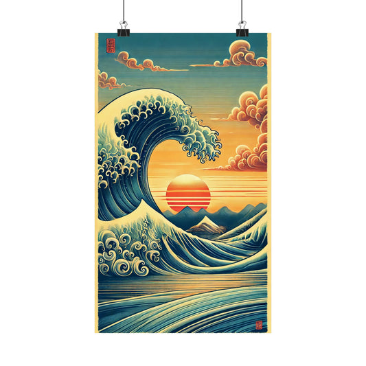 Elegant Japanese Wave Wall Poster with Sunset and Mountains