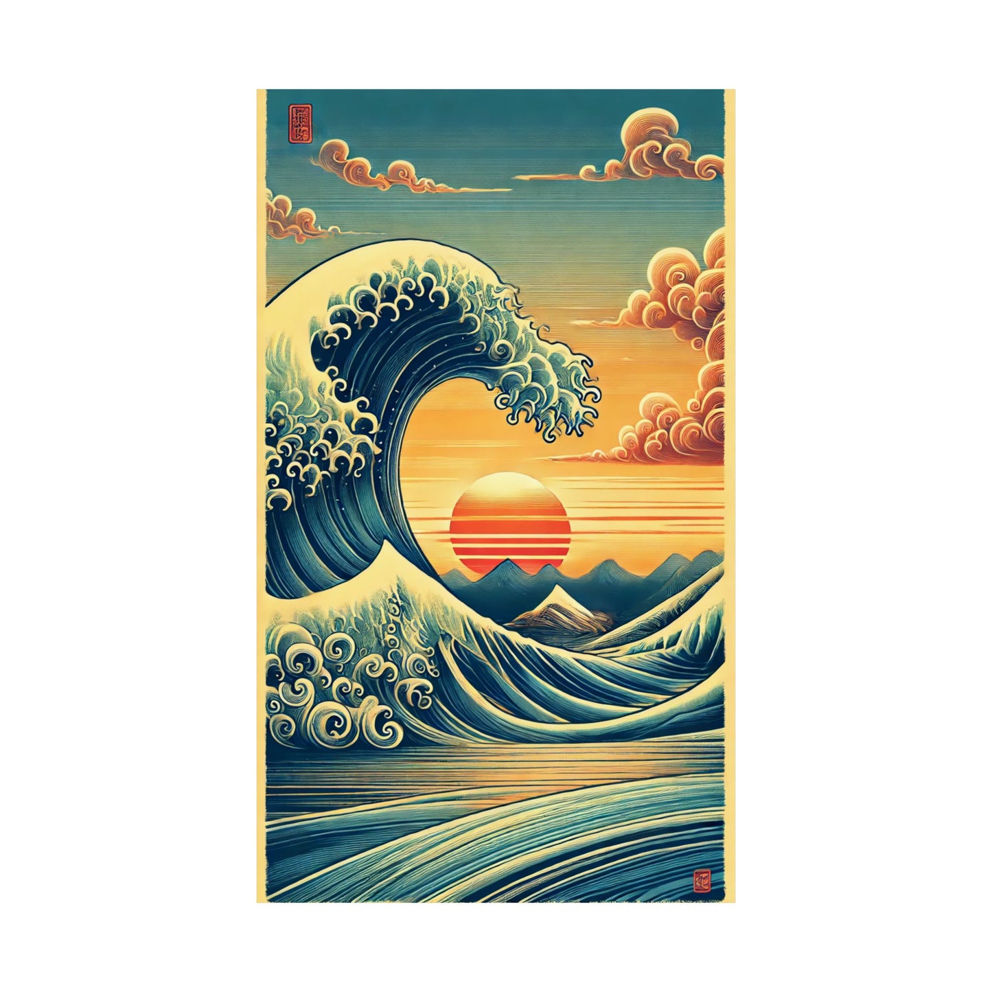 Elegant Japanese Wave Wall Poster with Sunset and Mountains