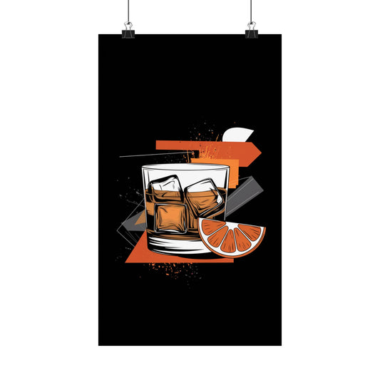 Bold Whiskey Glass Wall Poster with Orange Slice Art